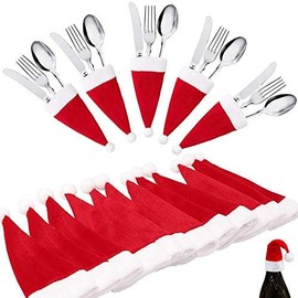 30 Pack Christmas Santa Hats Silverware Holders, Soft and Durable Christmas Felt Knife and Fork Holder Set, Xmas Party Dinner Utensil Organizers Decorations Supplies
