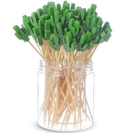 Potchen 200 Pcs Cocktail Picks Long Cocktail Toothpicks Bamboo Toothpicks for Appetizers Fruits Food Skewers Sticks for Drinks Dessert Wedding Birthday Party(Green Cacti)