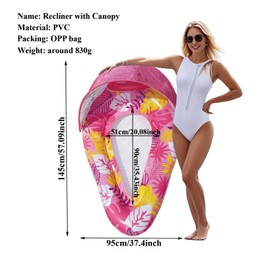 Teardrop Inflatable Pool Floats for Adults with Detachable Canopy,Water Floating Recliner,Portable Lounge Raft for Summer,Pool Party,Lake or Beach (Pink)