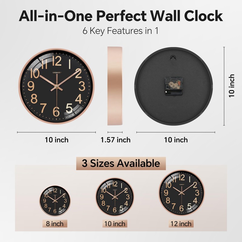 VIKMARI 10 Inch Wall Clock, Silent Black & Gold Easy