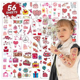EMOME 56 Sheets Valentines Day Temporary Tattoo Stickers for Kids, Heart Tattoos Temporary for Valentine's Day Accessories, Kids Temporary Tattoos for Valentine's Party Decorations Supplies Favors