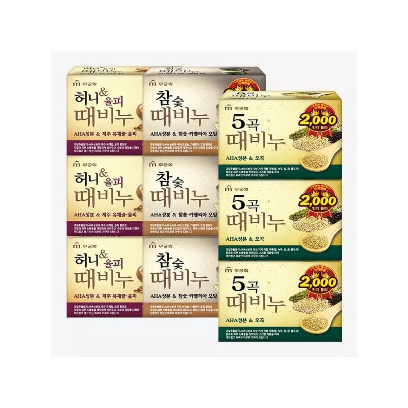 Mugunghwa [eTV] 무궁화 때비누 3종 혼합(오곡3개+허니3개+참숯3개) [eTV] Mugunghwa Soap Set