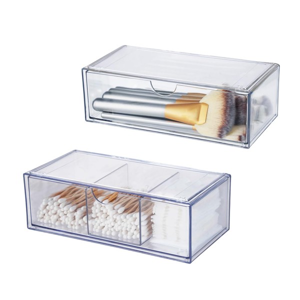 DIBALIYI 2 x Acrylic Drawer Organiser, Transparent Cotton Bud Container,