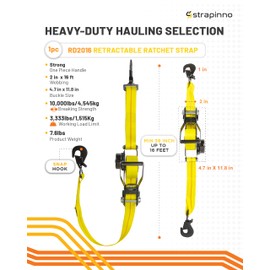 Strapinno Retractable Ratchet Tie-Down Strap 2in x 16ft Heavy-Duty with Snap Hooks, 10,000lbs Breaking Strength, 3,333lbs Working Load Limit, Includes 36in Axle Strap (1 PC)
