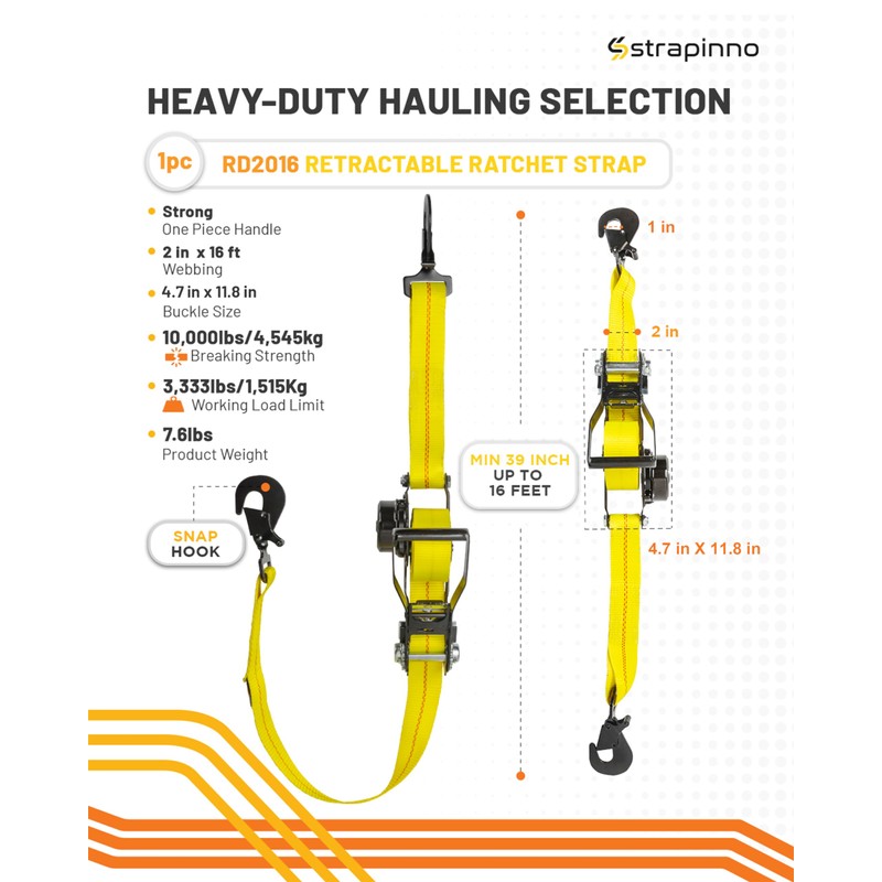 Strapinno Retractable Ratchet Tie-Down Strap 2in x 16ft Heavy-Duty with