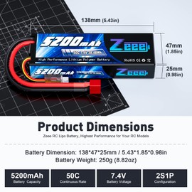 Zeee 7.4V Lipo Battery 2S 50C 5200mAh Lipos Hard Case with T Connector for RC Car Trucks 1/8 1/10 RC Vehicles(2 Packs)
