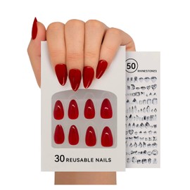 Press on Nails,DIY With 50 Rhinestones for Charming Women,Short Almond Nails With Super Strong Glue,Dark Red,15 Sizes,30 Nail Kit