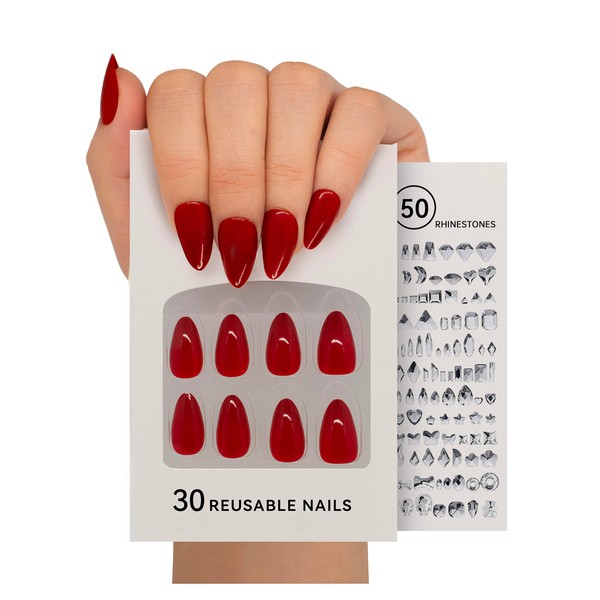 Press on Nails,DIY With 50 Rhinestones for Charming Women,Short Almond