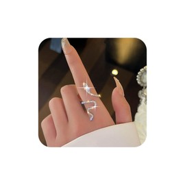 Aneneiceera Vintage Long Crystal Snake Ring Silver Rhinestone Spiral Snake Ring Cz Snake Opening Finger Ring Punk Reptile Serpent Ring Adjustable Statement Ring Jewelry for Women and Girls