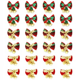 CHENLONB 24pcs Christmas Ornaments with Bells Bowknot Mini Ribbon Cute Christmas Decorations Gift Wrapping Christmas Tree Decoration Party DIY