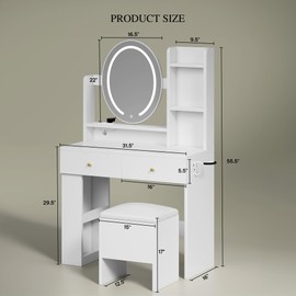 DWVO Vanity Desk with Mirror and Lights, Makeup Vanity Table Set with Power Outlets and Chair, 3 Lighting Colors, Makeup Desk with 2 Drawer and Lots Storage Shelves, White Dressing Table for Bedroom