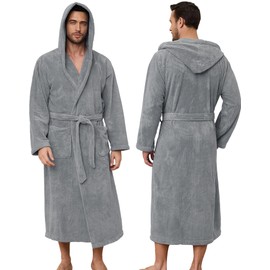 PJGGZ Men's Bathrobes with Hood, Soft Long Towel Robe for Men - Super Absorbent Quick Dry yet Warm (Grey, XXL/3XL)