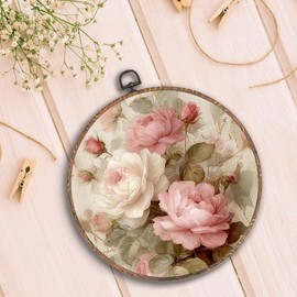 Hxlac Vintage Pink Rose Round Wall Art Framed, Vintage Floral Wall Decor, Shabby Chic Pink Rose Hanging Canvas Prints Wall Sculptures for Cottagecore Home Living Room Bedroom Decor, 10x10 Inch