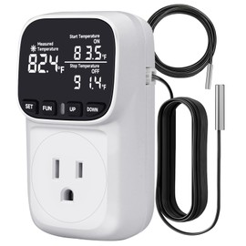 COMYAN Temperature Controlled Outlet , 15A/1800W Digital Thermostat Outlet, Cyclic Timing/Countdown, -40℉~210℉ VA Display Heating Cooling Control Timer with 2Pcs Probe Cable for Reptile Incubator