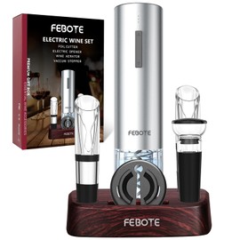 FEBOTE Electric Wine Opener Set, Rechargable Automatic Wine Bottle Corkscrew Opener with Wood Stand - 2 Vacuum Wine Stoppers Wine Aerator Foil Cutter for Home Bar Party Valentine's Day Christmas Gift