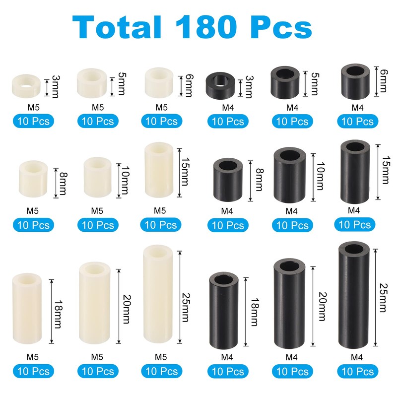 PATIKIL M4 Nylon Spacer Set, 180Pcs Non-Threaded ABS Round Spacer