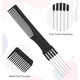 6 Pcs Hair Comb with Metal Comb Pick, Pick Combs for Women, Hair Picks for Women Fine Hairs, Thick Thin Hairstyle, Parting, Teasing, Styling (Black)