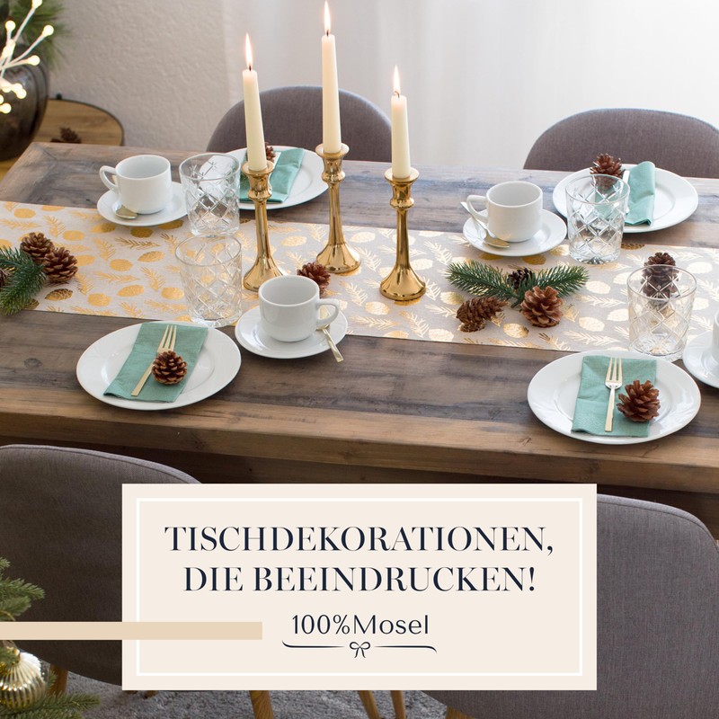 100%Mosel Table Runner, Linen Look, Natural, Pine Cones in Gold,