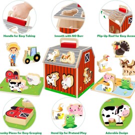 Fohouse Wooden Farm Animals Shape Sorter Toys, Take-Along Sorting Barn Toy with Baby Chunky Puzzles, Montessori Shape Sorting Learning Toys for Fine Motor Games for Toddlers Kids Ages 2+