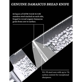 Jingseiho Serrated Bread Knife for Homemade Bread- 8 inches VG-10 Core, SGS Certified Ultra and Long-lasting Sharp Damascus Steel, Efficient Slicing Sourdough Crusty Bread Cutter