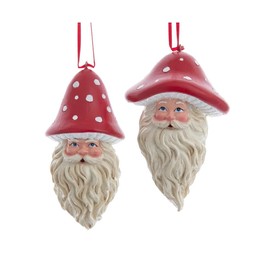 The Bridge Collection Santa Head with Mushroom Hat Ornaments - Set of 2 - Mushroom Themed Santa Claus Ornaments for Holiday Decor - Nature Santa Christmas Ornament