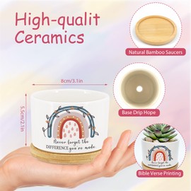 6 Pcs Thank You Teacher Gift Rainbow Succulent Pots Mini Ceramic Plant Pots with Bamboo Tray Flower Pots Planters for Teacher Colleague Employee Friend Appreciation Plants Not Included