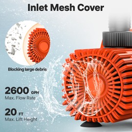 DOKO Submersible Water Pump, 2600GPH Pond Pump with 20FT Power Cord and 21 FT Lift Heigh, 200W Ultra Quiet Fountain Water Pump for Pond, Aquarium, Waterfall, Fish Tank, Hydroponic, Orange Black