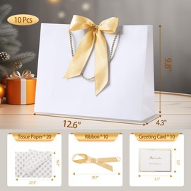 PASEOTA 12.6" Gift Bags Bulk, 10 Pcs Gift Bags with 20 Tissue Paper 10 Greeting Cards, Party Favor Gift Bags for Presents, Luxury Bag with Handles for Wedding Bridal Birthday Valentines (White)