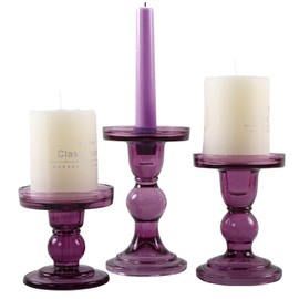 GMWD 3 Pcs Glass Candle Holder Set Clear, Purple Candlesticks Holders Pillar Taper Candles Tealight Stand for Wedding Centerpieces Home Decorations Dining Table
