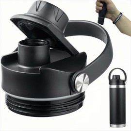 Lid for Yeti Rambler 18 26 36 46 64 oz, FLORAPELL logo band and Screw Top with Flexible Handle, Replacement Cap for Yeti 18oz 26oz 36oz 64oz Rambler Water Bottle Straw Cap, Black Lid+Band