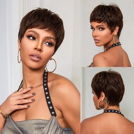 PORSMEER Short Human Hair Wig Pixie Cut Wigs for Women Short Straight Boy Cut Wig Ladies Glueless Layered Dark Brown Wig with Fringe