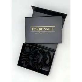 FORBDNSILK 100% Pure 22 Momme Mulberry Silk Scrunchies (Set of 3) | Highest grade (6A) Luxury Hair Ties| (Black,White,Pink) | (Black, Large/Medium/Small)