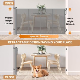 SPACEANY Reinforced Retractable Baby Gate, Mesh Dog Gate, Child Safety Gate for Doorways, Stairs, Hallways, Indoor/Outdoor, Wide Openings -33.5" Tall, Width up to 55" Gray