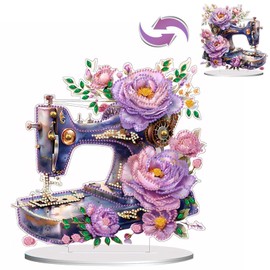 DIY Diamond Painting Kits Flower Sewing Machine Desktop Ornaments for Adults, Special Shaped Crystal Diamond Art Tabletop Kit, Stand Up 5D Gem Painting Crafts for Home Office Table Top Decor