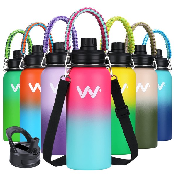WEREWOLVES 24 oz Insulated Water Bottle With Paracord Handles & Strap & Straw Lid & Spout Lid,Reusable Wide Mouth Vacuum Stainless Steel Water Bottle for Adults (New-Cool Summer, 24 oz)
