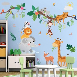 SHUCHING Jungle Animals Tree Branch Wall Decals Peel and Stick, Elephant Giraffe Lion Monkey Safari Forest Animals Wall Sticker, Wall Decor Art for Baby Nursery Kids Bedroom