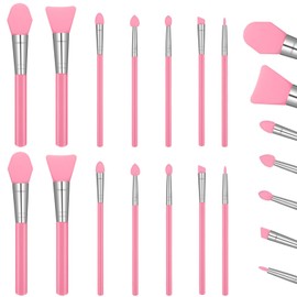 14-Piece Silicone Brush Applicator kit, 5.1-5.7 Inch Face Mask Brush, Non-Absorbent Brushes for Resin, Soft Silicone Head for Foundation, Mask, Skincare Application, Pink (7 Shapes, 2 Each)