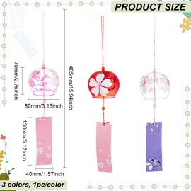 BENECREAT 3 PCS 3 colours Japanese Cherry Blossom Glass Wind Chimes, Dark Red, Pearl Pink, Medium Purple Wind Chimes with Paper Blessing Pendant for Wedding Indoor/Outdoor Decoration