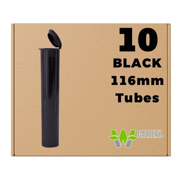 W Gallery 10 Black 116mm Tubes, Pop Top Joint Is Open, Smell-Proof Pre-Roll Blunt J Oil-Cartridge BPA-Free Plastic Container Holder Vial fits RAW Cones 110mm 109mm King Lean 98 Special, 120mm