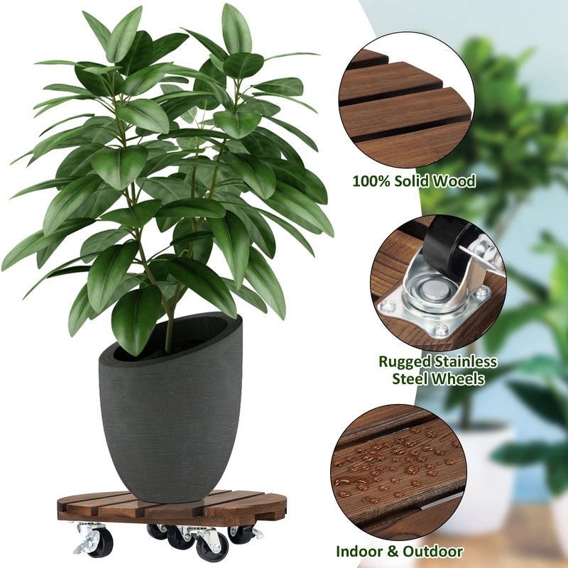 Yangbaga 2pack Plant Caddy 12’’Wood Duty Rolling Plant Stand with