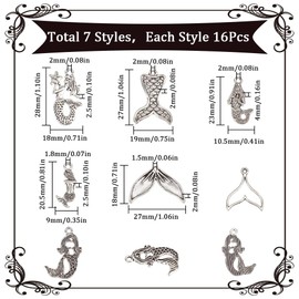 SUNNYCLUE 1 BOX 112Pcs 7 Styles Silver Mermaid Charms Bulk Fish Tail Charms Sealife Ocean Marine Alloy Ancient Tibetan Little Summer Charms for jewellery Making Charms Earrings Necklace Adult Women