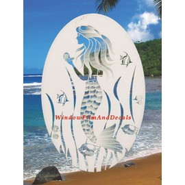 Oval Mermaid Etched Window Decal Vinyl Glass Cling - 26" x 41" - White with Clear Design Elements