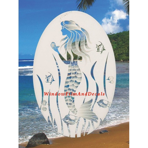 Oval Mermaid Etched Window Decal Vinyl Glass Cling - 26"