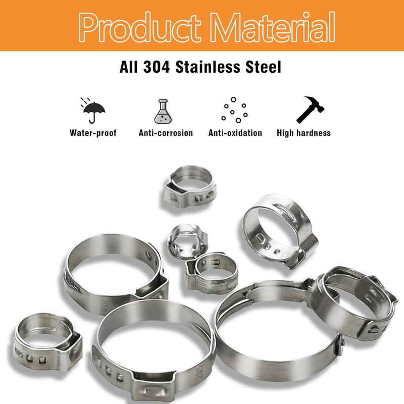 150pcs 12-Sizes 304 Stainless Steel Single-Ear Hose Clamp kit with