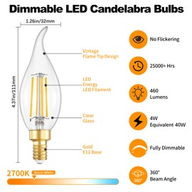 IINVGOOD Dimmable LED Candelabra Bulbs 40 Watt Equivalent, 2700K Soft Warm White Chandelier Light Bulbs, 4W 460 Lumens Flame Tip Candle Light Bulbs, E12 Base Bulbs, 90+CRI, 12 Packs