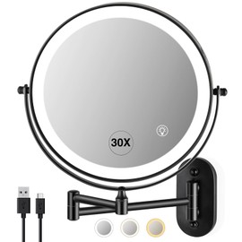 Wall Mounted Makeup Mirror with Light: 30X/1X 8.5'' Double Sided LED Magnifying Bathroom Mirror, Black