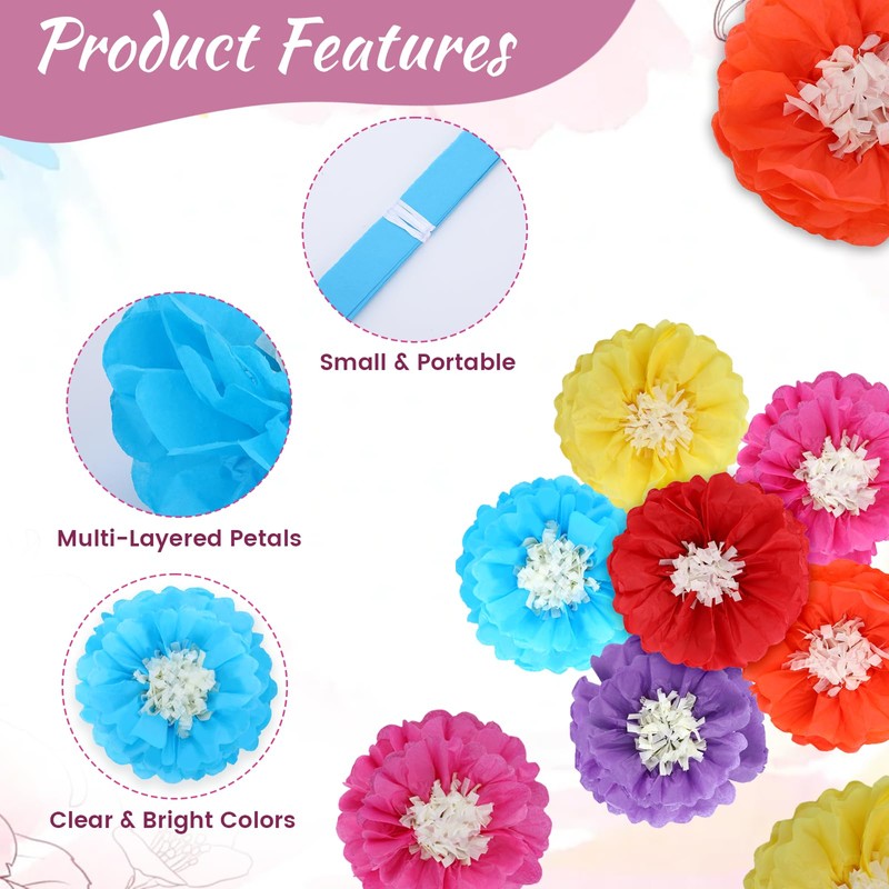 18 Pcs Mexican Paper Flowers Colorful, Tissue Paper Flowers Decorations