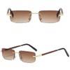 Men Tinted Rimless Rectangular Sunglasses Retro Imitated Wood Frame Women
