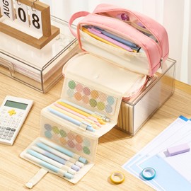 Sooez Pencil Case, Large Pencil Pouch Pencil Bag with Pull-Out Organizer for Quick Access, Cute Pencil Case with Sturdy Zipper, Aesthetic School Supplies for Girls Boy Women, Beige