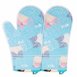 Steel-Land Kitchen Oven Gloves, Heat Resistant Silicone Oven Mitts Up to 572°F, Waterproof & Non-Slip, Thick Double-Layer Cooking Gloves with Cute Cat Design for Oven, Microwave, BBQ & Camping,Green